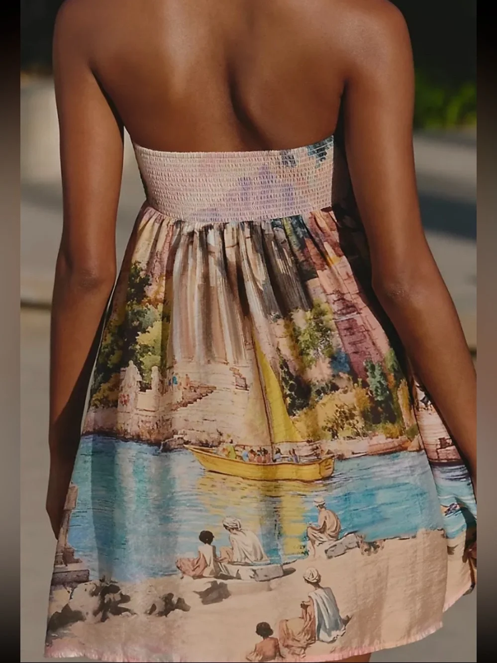 Anthropologie Strapless Bow Front Sundress in Pastel Scenic Print - Picture 3 of 5